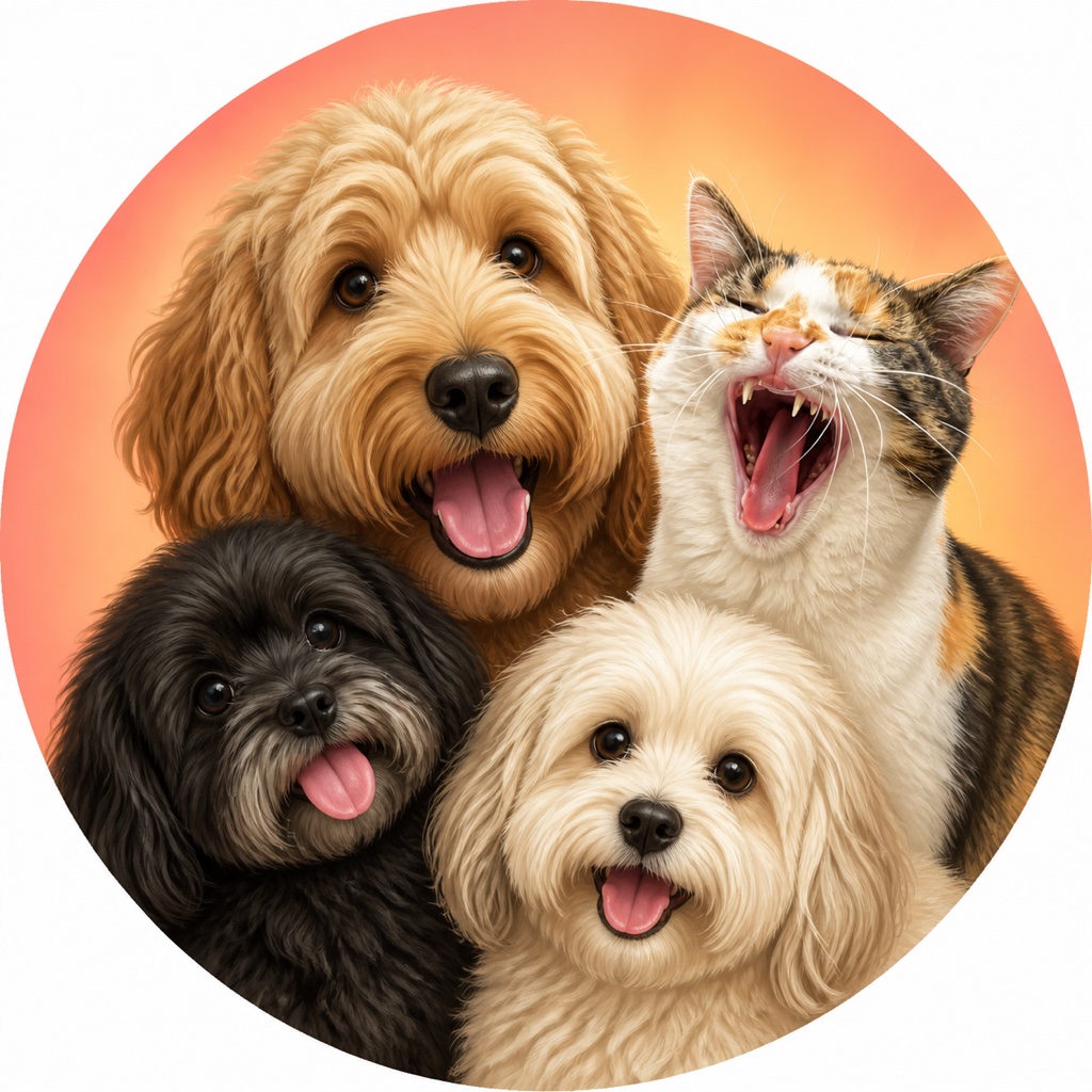 The Good Pets, Bad Decisions group portrait: three dogs and a calico cat against a peach circle.